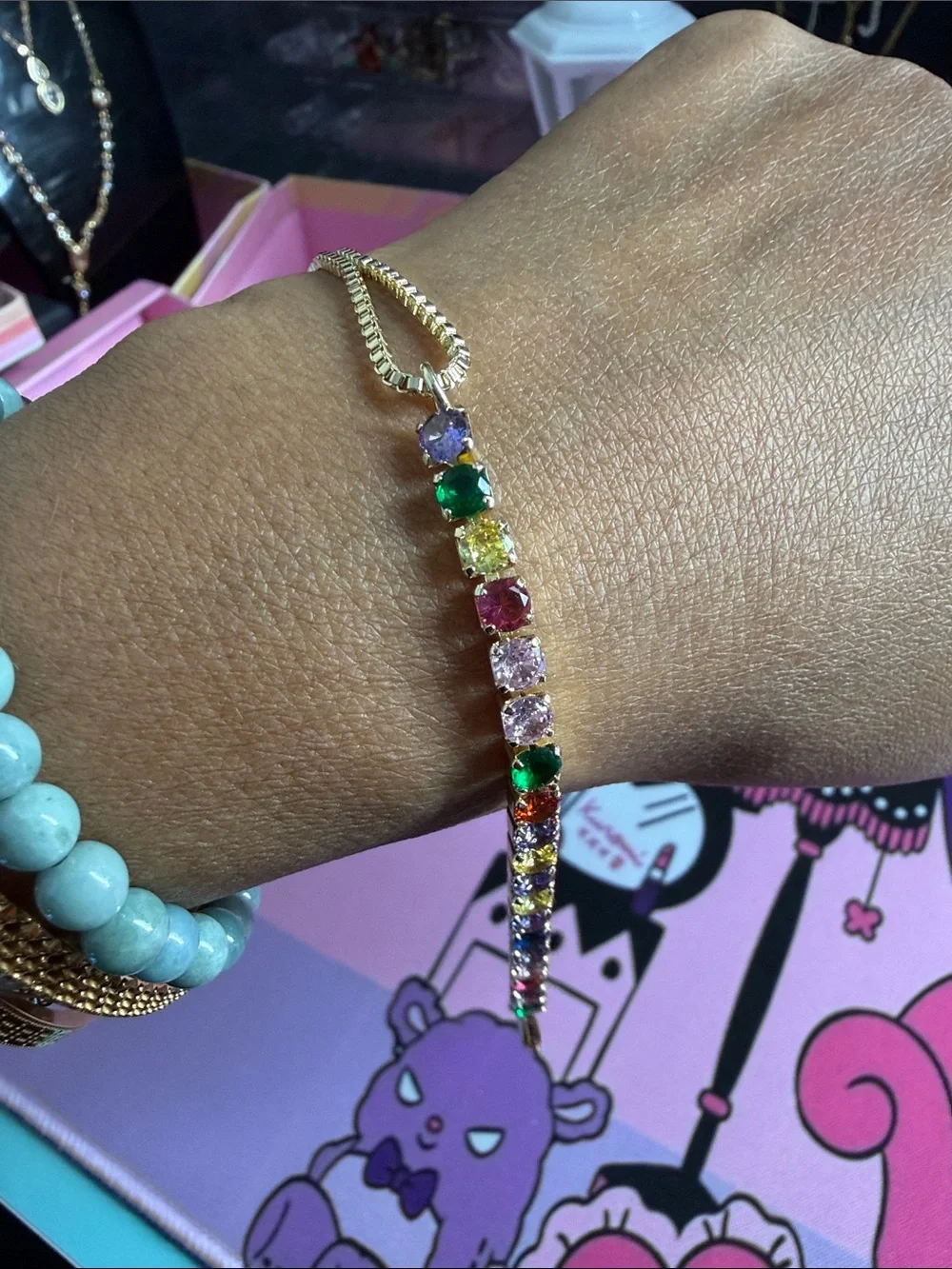 Gold Multicolor Crystal Tennis Bracelet - Women Jewelry